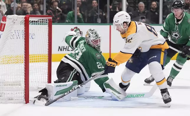 Nashville Predators center Tommy Novak (82) scores a goal against Dallas Stars goaltender Jake Oettinger (29) and defenseman Thomas Harley (55) in the second period of an NHL hockey game Thursday, Dec. 12, 2024, in Dallas. (AP Photo/LM Otero)