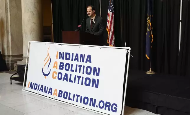 David Frank speaks during a gathering of the Indiana Abolition Coalition at the Statehouse, Thursday, Dec. 12, 2024, in Indianapolis. (AP Photo/Darron Cummings)