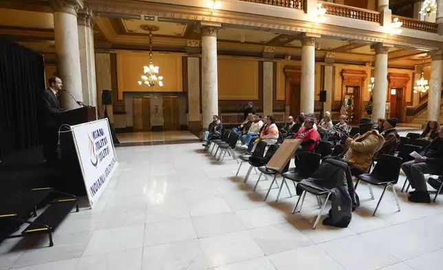 David Frank speaks during a gathering of the Indiana Abolition Coalition at the Statehouse, Thursday, Dec. 12, 2024, in Indianapolis. (AP Photo/Darron Cummings)