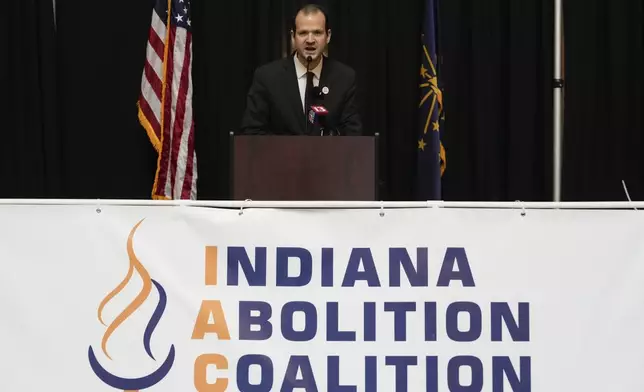 David Frank speaks during a gathering of the Indiana Abolition Coalition at the Statehouse, Thursday, Dec. 12, 2024, in Indianapolis. (AP Photo/Darron Cummings)