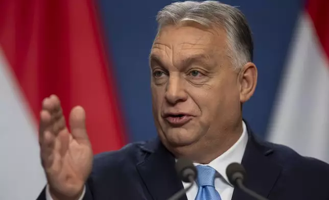 Hungarian Prime Minister Viktor Orban speaks during his annual international press conference in Budapest, Hungary, Saturday, Dec. 21, 2024. (AP Photo/Denes Erdos)