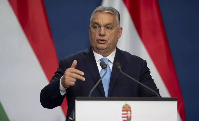 Hungarian Prime Minister Viktor Orban speaks during his annual international press conference in Budapest, Hungary, Saturday, Dec. 21, 2024. (AP Photo/Denes Erdos)