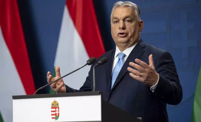 Hungarian Prime Minister Viktor Orban speaks during his annual international press conference in Budapest, Hungary, Saturday, Dec. 21, 2024. (AP Photo/Denes Erdos)