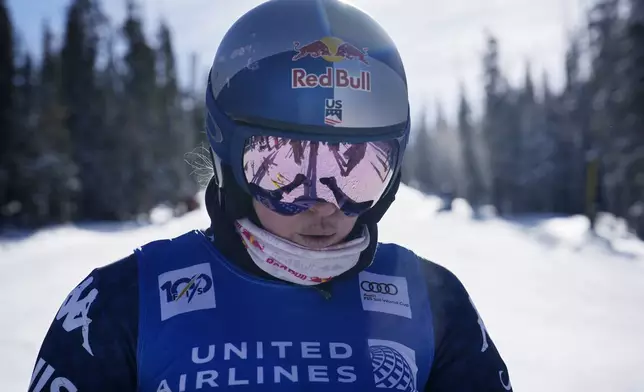 Lindsey Vonn prepares to be a forerunner at a women's World Cup downhill training run, Wednesday, Dec. 11, 2024, in Beaver Creek, Colo. (AP Photo/John Locher)