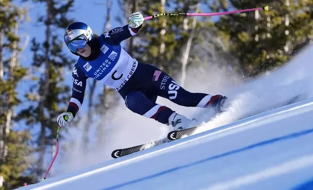 Forerunner Lindsey Vonn, of the United States, skis down the course before the training runs at the women's World Cup downhill race, Thursday, Dec. 12, 2024, in Beaver Creek, Colo. (AP Photo/Robert F. Bukaty)