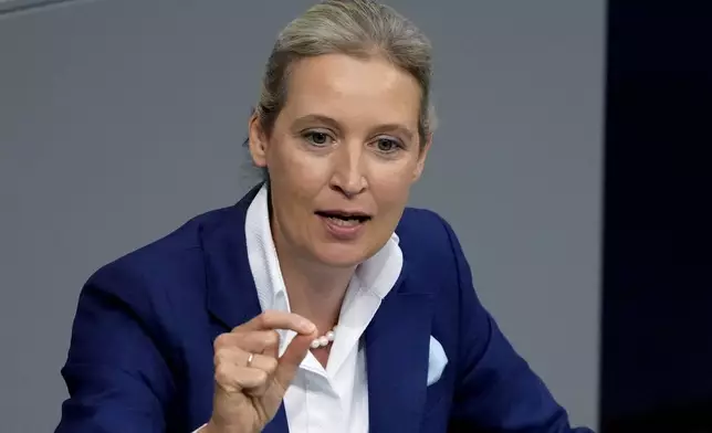 FILE - AfD head Alice Weidel speaks during a general debate of the German parliament Bundestag in Berlin, Germany, Sept. 11, 2024. (AP Photo/Markus Schreiber, File)