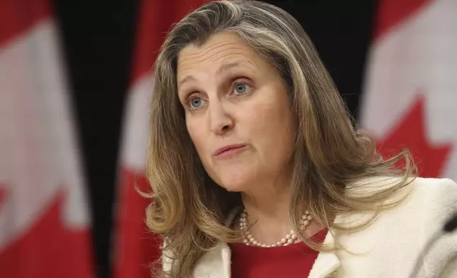 FILE - Minister of Finance and Deputy Prime Minister Chrystia Freeland speaks at a press conference in Ottawa, Ontario, Nov. 19, 2024. (Patrick Doyle/The Canadian Press via AP, File)