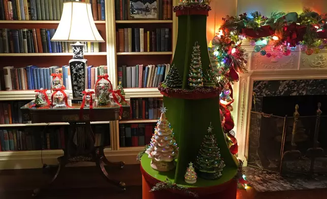 The Library of the White House in Washington, is decorated for the holidays, Monday, Dec. 2, 2024. (AP Photo/Susan Walsh)