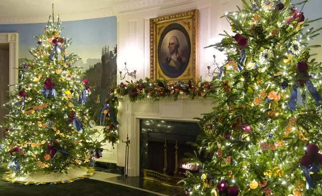 The Diplomatic Reception Room of the White House in Washington, is decorated for the holidays, Monday, Dec. 2, 2024. (AP Photo/Susan Walsh)