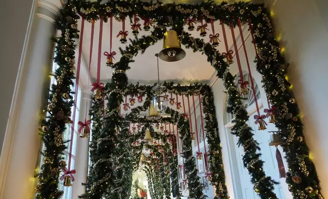 The East Colonnade of the White House in Washington, is decorated for the holidays, Monday, Dec. 2, 2024. (AP Photo/Susan Walsh)