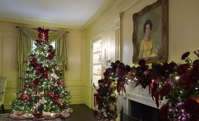 The Vermeil Room of the White House in Washington, is decorated for the holidays, Monday, Dec. 2, 2024. (AP Photo/Susan Walsh)