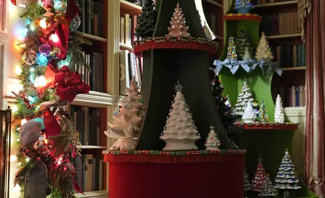 The Library of the White House in Washington, is decorated for the holidays, Monday, Dec. 2, 2024. (AP Photo/Susan Walsh)