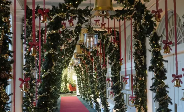 The East Colonnade of the White House in Washington, is decorated for the holidays, Monday, Dec. 2, 2024. (AP Photo/Susan Walsh)