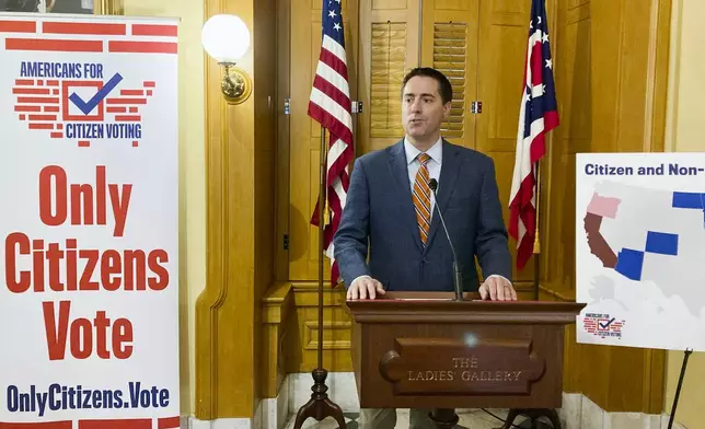 FILE - Republican Secretary of State Frank LaRose speaks at the Ohio Statehouse in Columbus, Ohio, Oct. 6, 2022, about a constitutional amendment that would prohibit noncitizen voting. (AP Photo/Julie Carr Smyth, File)