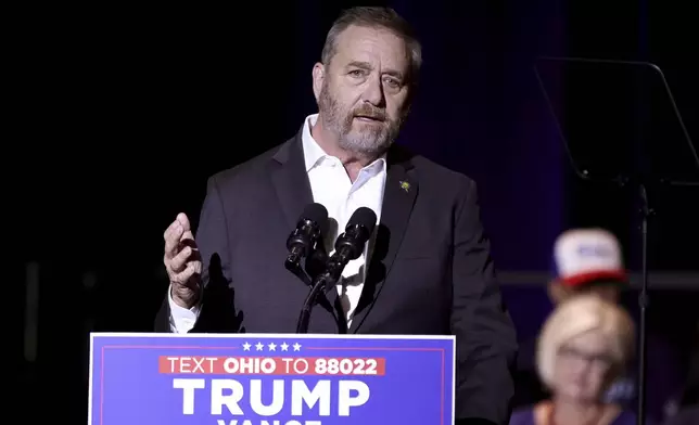 FILE - Ohio Attorney General Dave Yost speaks during a rally in Middletown, Ohio, July 22, 2024. (AP Photo/Paul Vernon, File)