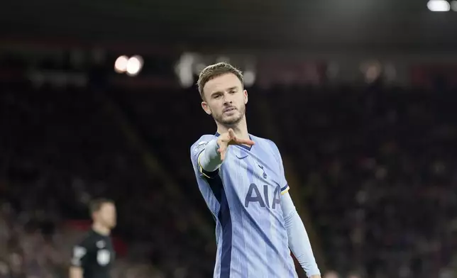 Tottenham Hotspur's James Maddison celebrates scoring during the English Premier League soccer match between Southampton and Tottenham Hotspur at St Mary's Stadium, Southampton, England, Sunday Dec. 15, 2024. (Andrew Matthews/PA via AP)