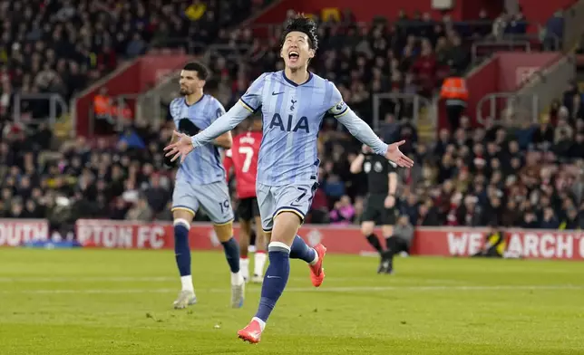 Tottenham Hotspur's Son Heung-Min celebrates scoring during the English Premier League soccer match between Southampton and Tottenham Hotspur at St Mary's Stadium, Southampton, England, Sunday Dec. 15, 2024. (Andrew Matthews/PA via AP)