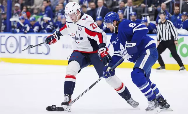 Washington Capitals centerAliaksei Protas (21) and Toronto Maple Leafs defenseman Chris Tanev (8) battle for the puck during third-period NHL hockey game action in Toronto, Friday, Dec. 6, 2024. (Cole Burston/The Canadian Press via AP)