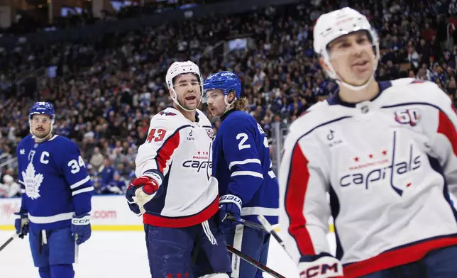 Washington Capitals right wing Tom Wilson (43) reacts to the referee during first-period NHL hockey game action against the Toronto Maple Leafs in Toronto, Friday, Dec. 6, 2024. (Cole Burston/The Canadian Press via AP)