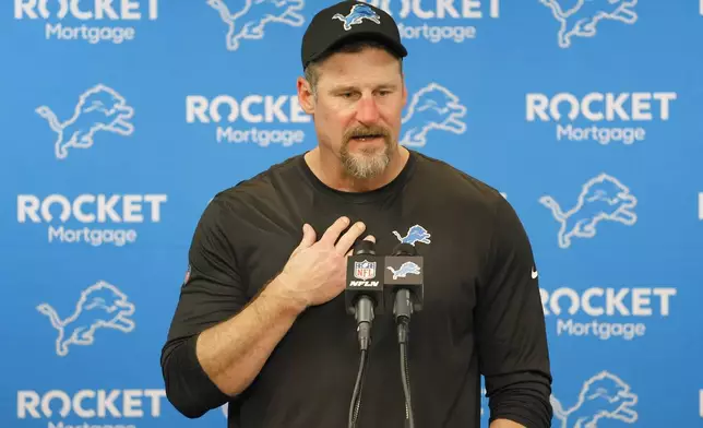 Detroit Lions head coach Dan Campbell speaks at a news conference after an NFL football game against the Buffalo Bills, Sunday, Dec. 15, 2024, in Detroit. (AP Photo/Duane Burleson)