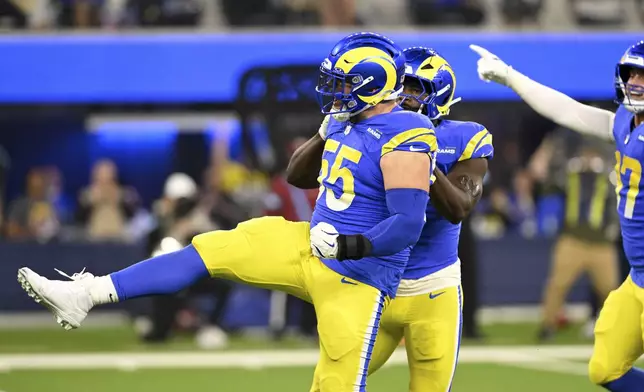 Los Angeles Rams defensive tackle Braden Fiske (55) reacts after sacking Arizona Cardinals quarterback Kyler Murray during the first half of an NFL football game Saturday, Dec. 28, 2024, in Inglewood, Calif. (AP Photo/Alex Gallardo)