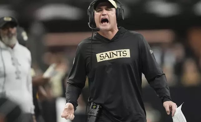 New Orleans Saints interim head coach Darren Rizzi yells on the sideline in the first half of an NFL football game against the Washington Commanders in New Orleans, Sunday, Dec. 15, 2024. (AP Photo/Gerald Herbert)