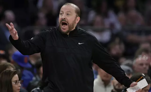 New York Knicks head coach Tom Thibodeau reacts during the second half of an NBA basketball game against the Toronto Raptors, Monday, Dec. 23, 2024, in New York. The Knicks won 139-125. (AP Photo/Adam Hunger)