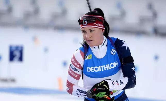 FILE - Joanne Reid, of the United States, competes during the women's 7.5 km sprint competition at the Biathlon World Cup event in Pokljuka, Slovenia, on Jan. 5, 2023. (AP Photo/Darko Bandic, File)