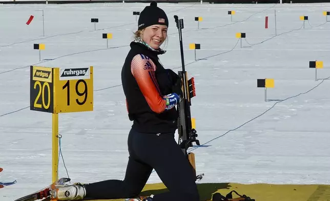 In this 2010 photo provided by Julia Bayly biathlete Grace Boutot practices at the 10th Mountain Ski Center in Fort Kent, Maine. (Julia Bayly via AP)