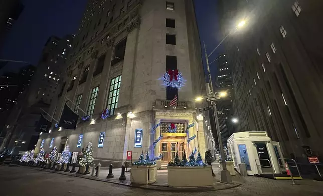 Holiday ornaments adorn the Wall Street side of the New York Stock Exchange in New York's Financial District on Wednesday, Dec. 4, 2024. (AP Photo/Peter Morgan)