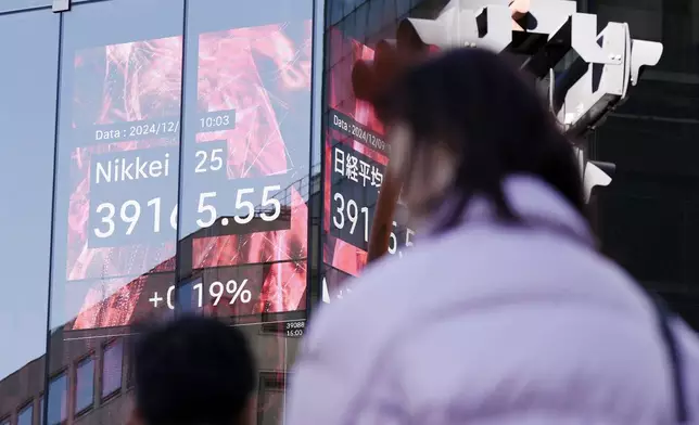 People walk in front of an electronic stock board showing Japan's Nikkei index at a securities firm Monday, Dec. 9, 2024, in Tokyo. (AP Photo/Eugene Hoshiko)