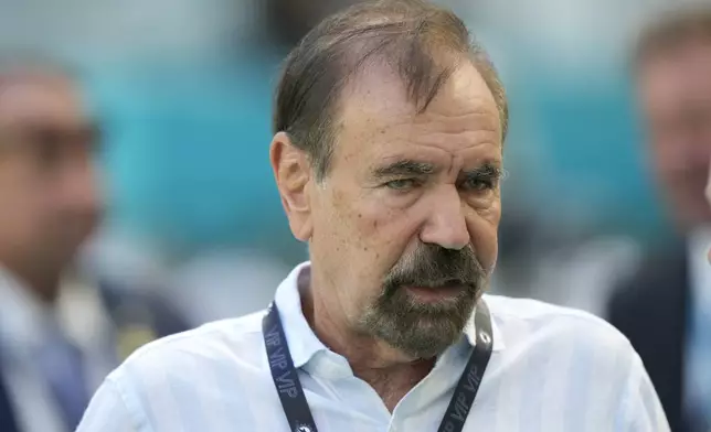 FILE - Jorge M. Perez, Chairman and Chief Executive Officer of Related Group, walks the sidelines before the start of an NFL football game between the Miami Dolphins and the Carolina Panthers, Oct. 15, 2023, in Miami Gardens, Fla. (AP Photo/Wilfredo Lee, File)