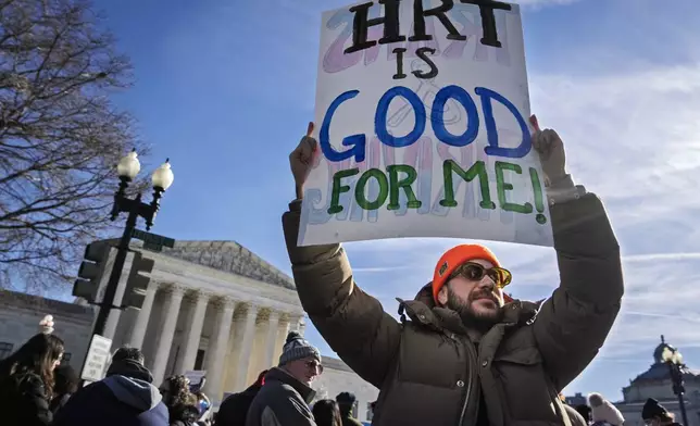 Kyle Lansky, of the organization Transanta, rallies with other supporters of transgender rights by the Supreme Court, Wednesday, Dec. 4, 2024, while arguments are underway in a case regarding a Tennessee law banning gender-affirming medical care for transgender youth. (AP Photo/Jacquelyn Martin)