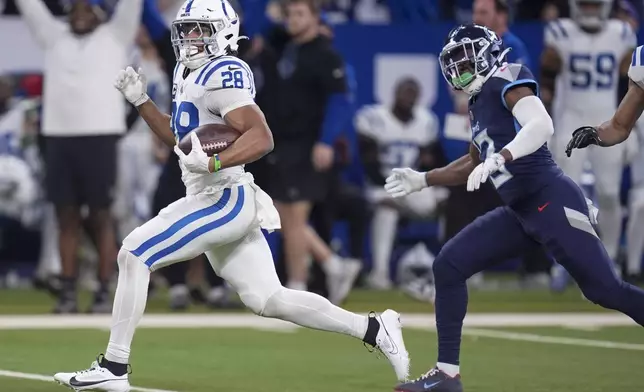 Indianapolis Colts running back Jonathan Taylor (28) runs for a touchdown during the first half of an NFL football game against the Tennessee Titans, Sunday, Dec. 22, 2024, in Indianapolis. (AP Photo/Michael Conroy)