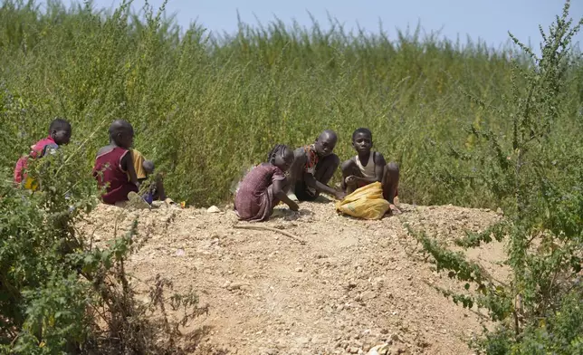 Juliet Samaniya, 6, chips at a rock with other children at an illegal lithium mining site in Paseli, Nigeria, Tuesday, Nov 5, 2024. (AP Photo/Sunday Alamba)