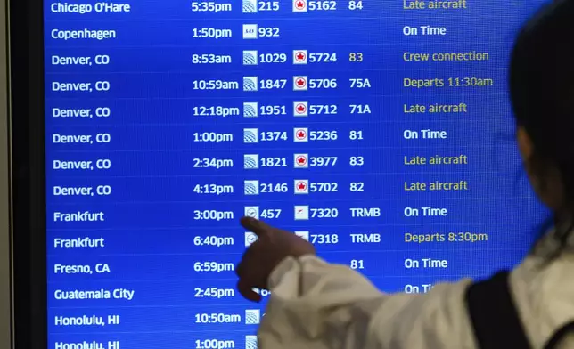 FILE - A traveler checks the departures flight board at the United Airlines terminal at Los Angeles International airport, on Wednesday, June 28, 2023, in Los Angeles. (AP Photo/Damian Dovarganes, File)