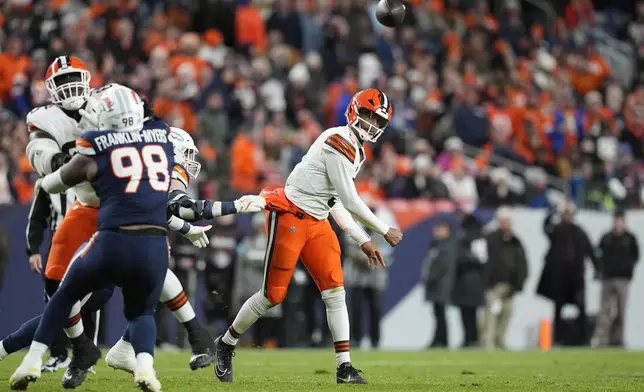 Cleveland Browns quarterback Jameis Winston throws an interceptionduring the first half of an NFL football game against the Denver Broncos, Monday, Dec. 2, 2024, in Denver. (AP Photo/Jack Dempsey)