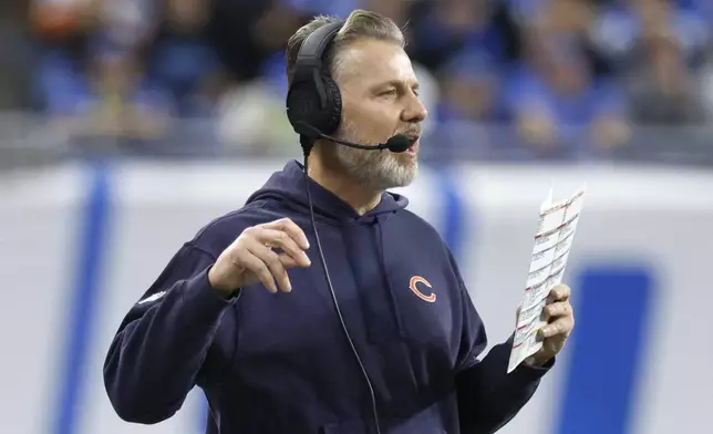 CORRECTS DATE TO THURSDAY, NOV. 28, 2024 - Chicago Bears head coach Matt Eberflus watches against the Detroit Lions during the first half of an NFL football game, Thursday, Nov. 28, 2024, in Detroit. (AP Photo/Duane Burleson)