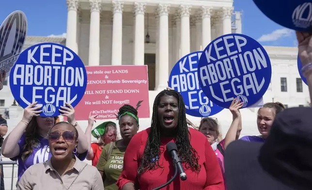 FILE - Christian F. Nunes, president of National Organization for Women speaks as abortion rights activists and Women's March leaders protest as part of a national day of strike actions outside the Supreme Court, Monday, June 24, 2024, in Washington. (AP Photo/Mark Schiefelbein, File)