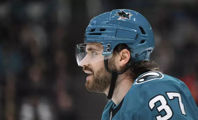 San Jose Sharks defenseman Timothy Liljegren (37) skates against the Utah Hockey Club during the second period of an NHL hockey game Saturday, Dec. 14, 2024, in San Jose, Calif. (AP Photo/Eakin Howard)