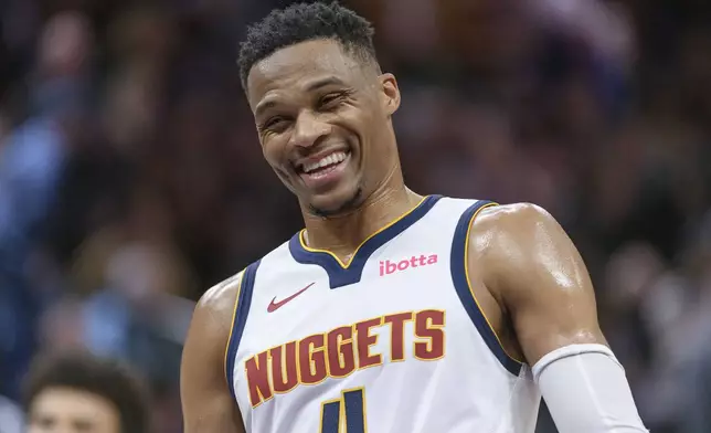 Denver Nuggets guard Russell Westbrook reacts during the second half of an NBA basketball game against the Sacramento Kings in Sacramento, Calif., Monday, Dec. 16, 2024. The Nuggets won 130-129. (AP Photo/Randall Benton)