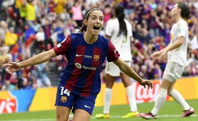 FILE - Barcelona's Aitana Bonmati celebrates after scoring the opening goal during the women's Champions League final soccer match between FC Barcelona and Olympique Lyonnais at the San Mames stadium in Bilbao, Spain, Saturday, May 25, 2024. (AP Photo/Alvaro Barrientos, File)