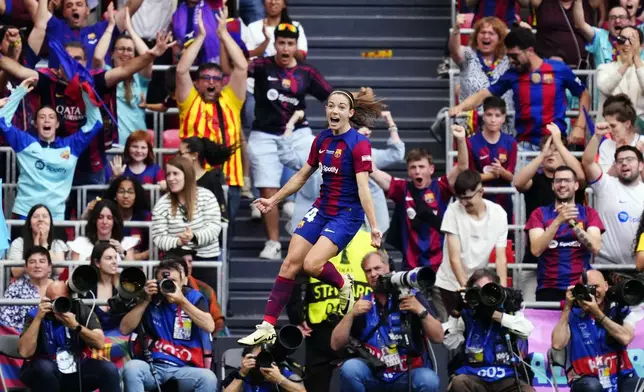 FILE - Barcelona's Aitana Bonmati celebrates scoring her side's first goal during the women's Champions League final soccer match between FC Barcelona and Olympique Lyonnais at the San Mames stadium in Bilbao, Spain, Saturday, May 25, 2024. (AP Photo/Jose Breton, File)