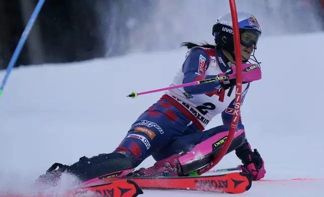 Croatia's Zrinka Ljutic speeds down the course during an alpine ski, women's World Cup slalom race, in Semmering, Austria, Sunday, Dec. 29, 2024. (AP Photo/Piermarco Tacca)