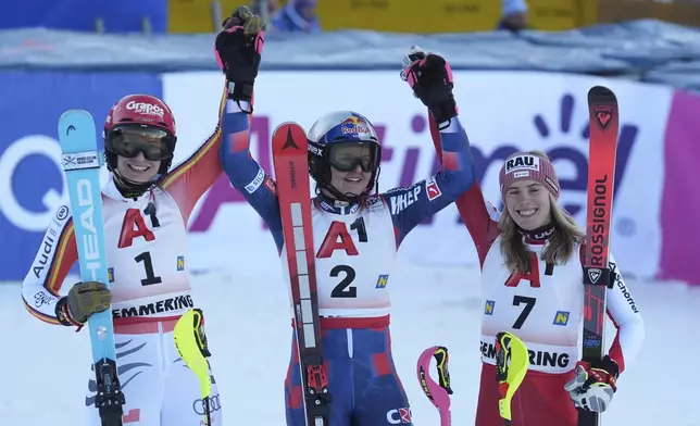 From left, second placed Germany's Lena Duerr, the winner Croatia's Zrinka Ljutic and third placed Austria's Katharina Liensberger celebrate after an alpine ski, women's World Cup slalom race in Semmering, Austria, Sunday, Dec. 29, 2024. (AP Photo/Giovanni Auletta)