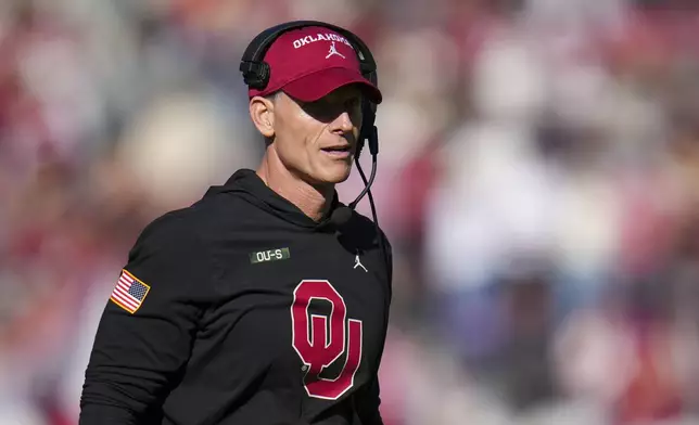 Oklahoma head coach Brent Venables looks on during the first half of the Armed Forces Bowl NCAA college football game against Navy, Friday, Dec. 27, 2024, in Fort Worth, Texas. (AP Photo/Julio Cortez)