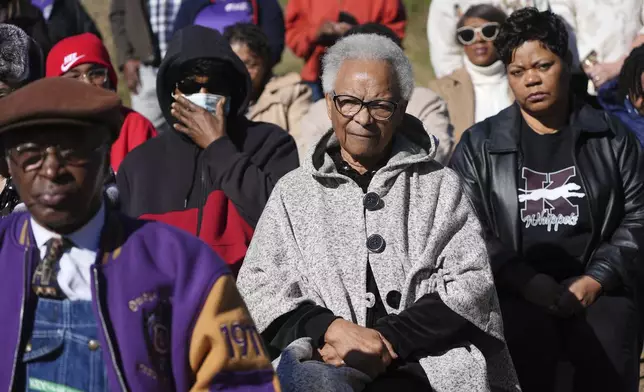 Hazel Meredith Hall, 85, center, watches the unveiling of a Mississippi Department of Archives and History marker recognizing the birthplace and legacy of her older brother, James Meredith, who became the first Black student to enroll at the University of Mississippi in 1962, Friday, Dec. 20, 2024, in Kosciusko, Miss. (AP Photo/Rogelio V. Solis)