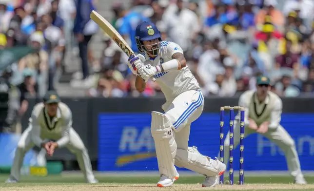 India's KL Rahul bats during play on the second day of the fourth cricket test between Australia and India at the Melbourne Cricket Ground, Melbourne, Australia, Friday, Dec. 27, 2024. (AP Photo/Asanka Brendon Ratnayake)