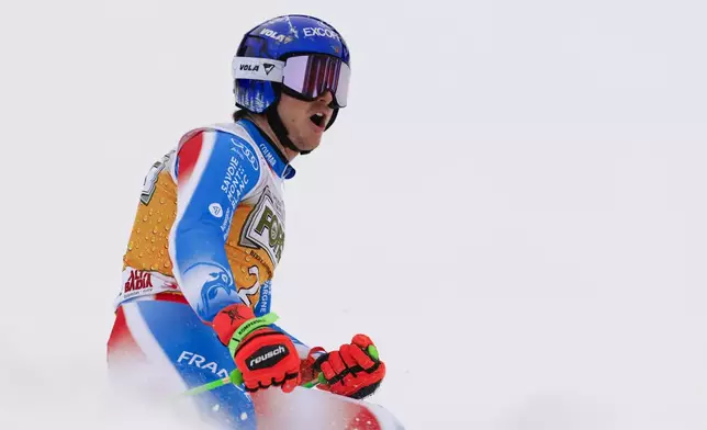 France's Leo Anguenot celebrates at the finish area of an alpine ski, men's World Cup giant slalom, in Alta Badia, Italy, Sunday, Dec. 22, 2024. (AP Photo/Alessandro Trovati)