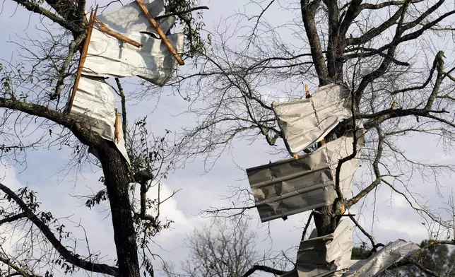 Metal roofing sheets are seen on trees after strong thunderstorms pass through the Greater Houston region, Saturday, Dec. 28, 2024, in Porter Heights. (Jason Fochtman/Houston Chronicle via AP)